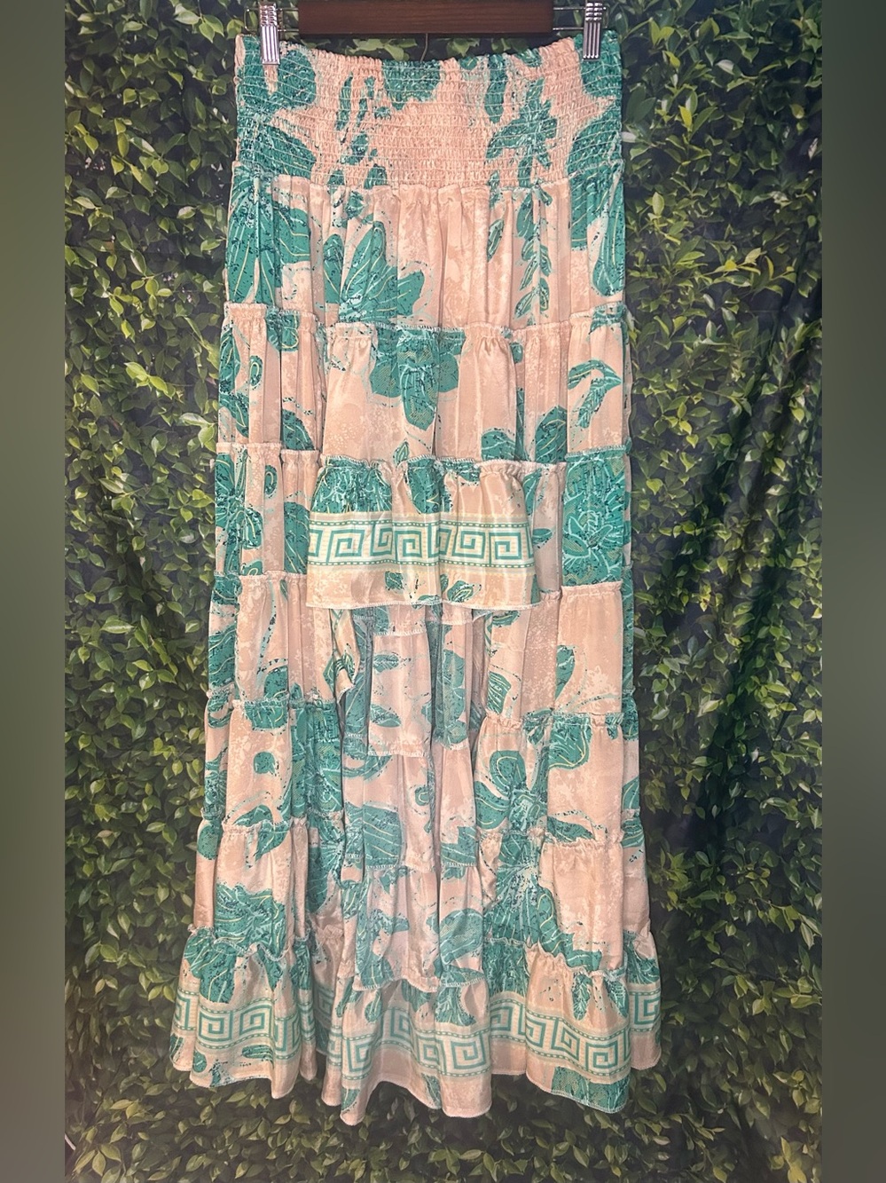 100% Silk Queen High low Skirt in Teal and Cream